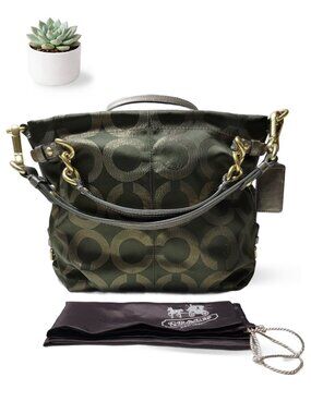 Coach Op Art Brooke Metallic Olive Signature Logo Print Shoulder Bag
